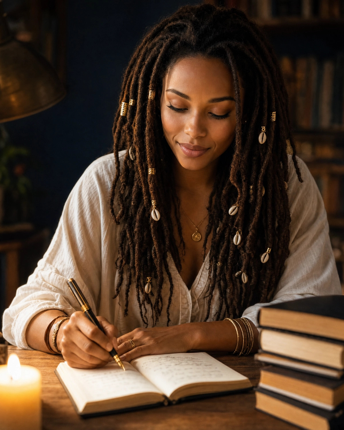 Yamara writing at her desk