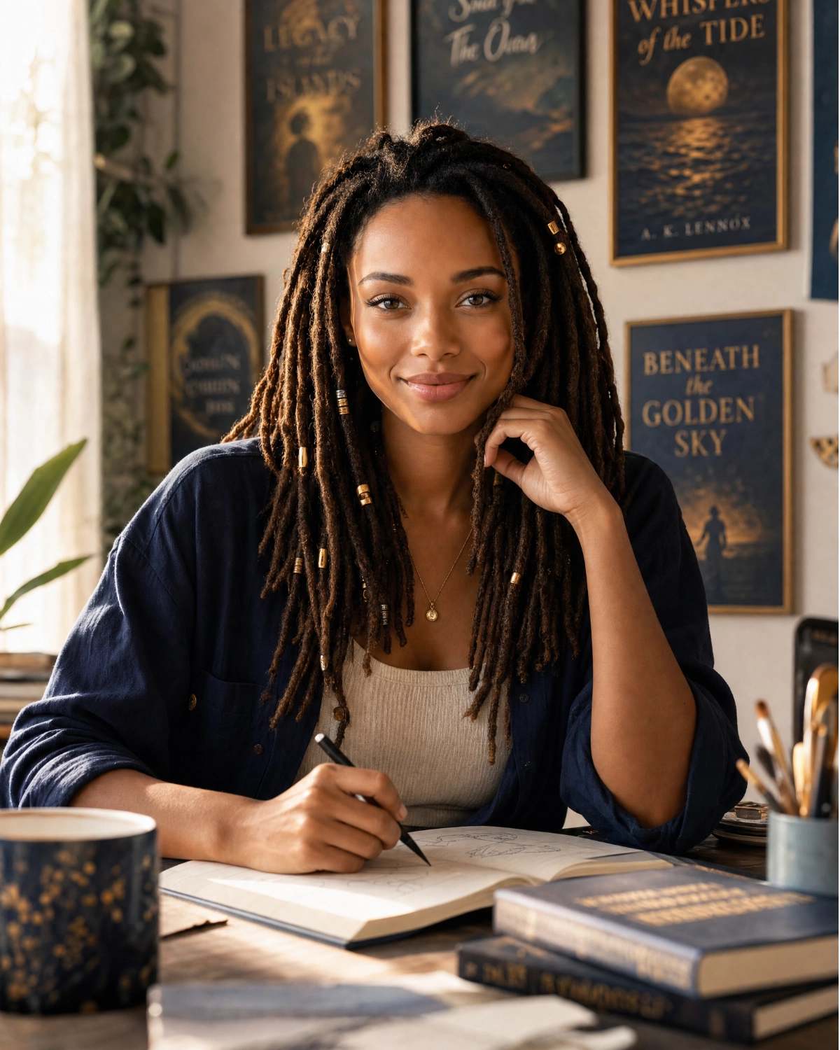 Yamara Grand - portrait with seashell beads in her dreadlocks