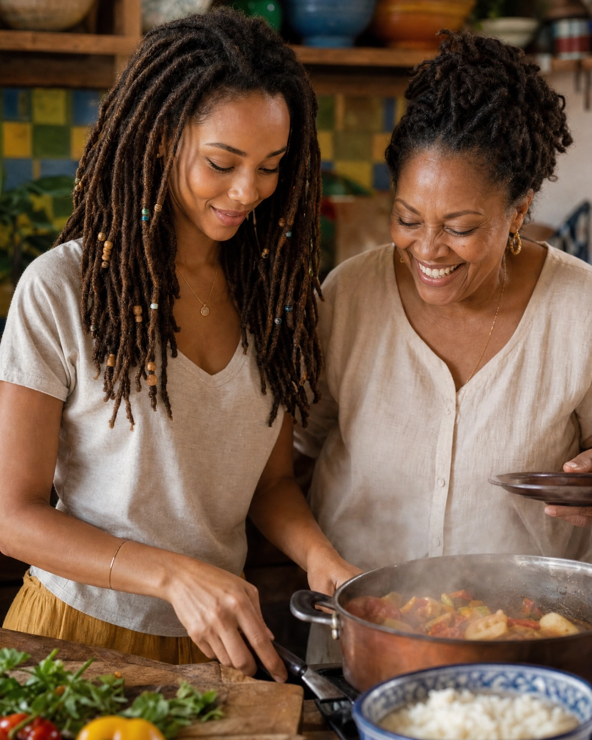 Yamara cooking with her mother