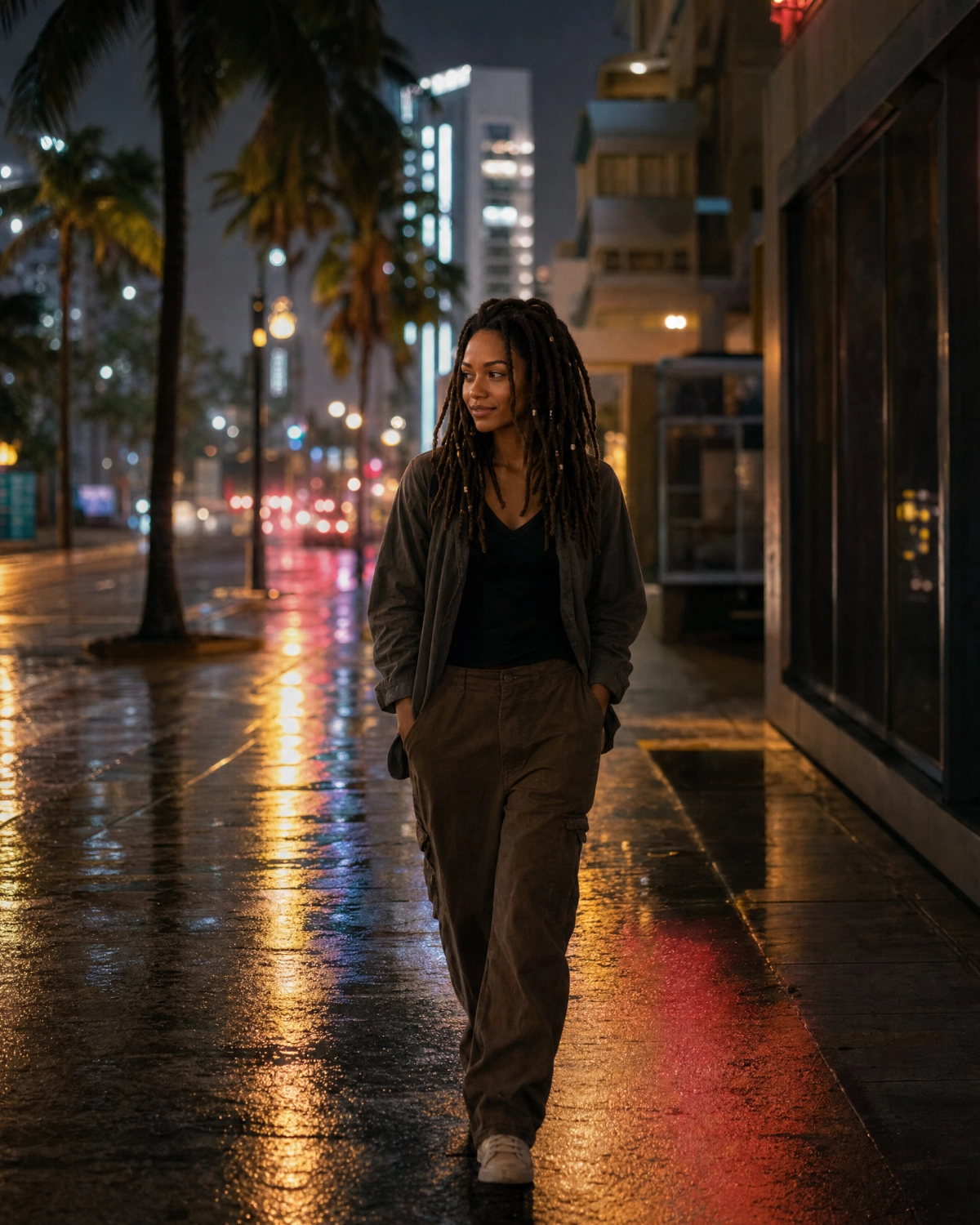 Yamara walking alone through Miami at night