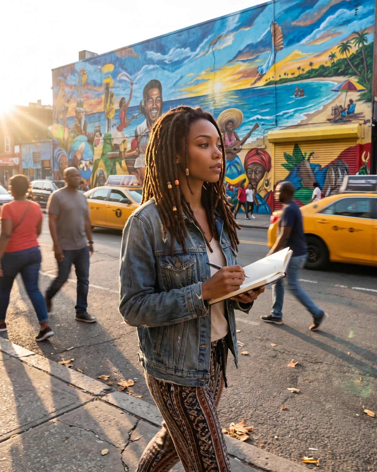 Yamara walking past a city mural